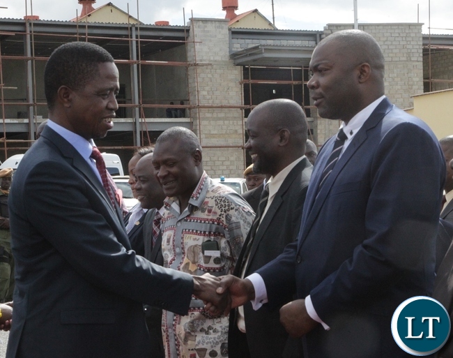 President Edgar Lungu(l) chats with Copperbelt Minister Bowman Lusambo(r) at City Airport in yesterday before departure for Mongu to attend the Kuomboka Ceremony ,7-04-2017. Picture by Ennie Kishiki/Zanis.