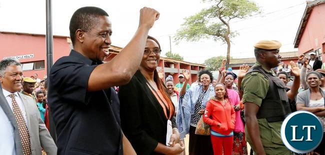 President Lungu gestures to the people on arrival at Chilenje Level 1 Clinic