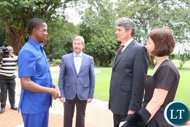 President Edgar Lungu congratulates Czech Republic Ambassador desegnet to Zambia Radek Rubes when he presented his credential at State House President Edgar Lungu congratulates Czech Republic Ambassador desegnet to Zambia Radek Rubes when he presented his credential at State House