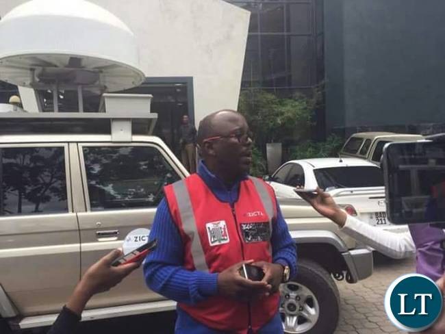 ZICTA Head of Support Services Mofya Chisala speaking to Journalists after the raid at CEC Liquid Telecom