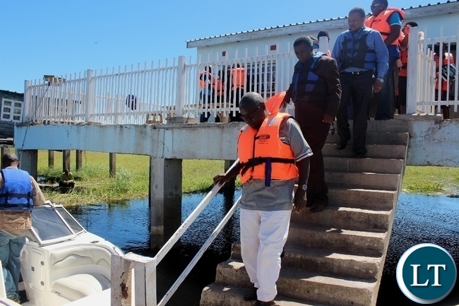 Zimbabwean Energy Permanent Secretary Patson Mbiri (front) leading his delegation of Zambezi River Authority (ZRA) board members after touring the Matongo Platform, a Hydrometric Station on the Barotse Flood Plain in Mong