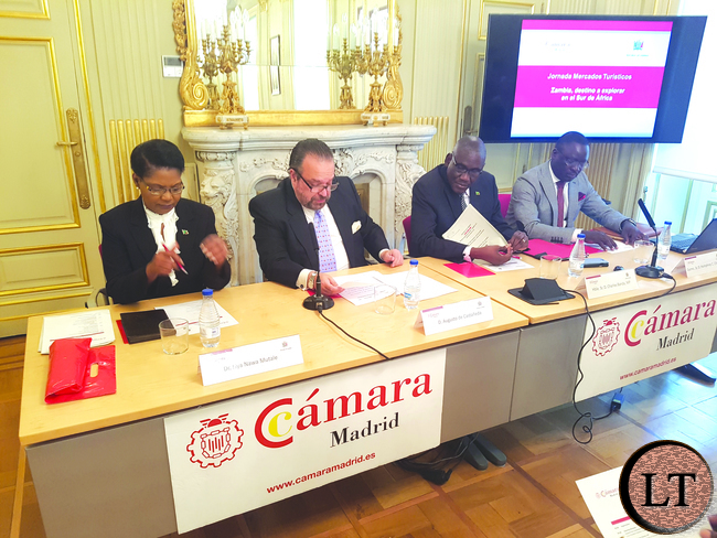 From Left to Right: Dr. Liya Nawa Mutale Permanent Secretary Ministry of Tourism and Arts, Mr. Augusto de Castaneda Vice President-Madrid Chamber of Commerce and Industry, Hon. Charles Romel Banda M.P Minister of Tourism and Arts, H.E Amb. Humphrey Chilu Chibanda Zambia’s Ambassador to Spain and Permanent Representative to the UNWTO From Left to Right: Dr. Liya Nawa Mutale Permanent Secretary Ministry of Tourism and Arts, Mr. Augusto de Castaneda Vice President-Madrid Chamber of Commerce and Industry, Hon. Charles Romel Banda M.P Minister of Tourism and Arts, H.E Amb. Humphrey Chilu Chibanda Zambia’s Ambassador to Spain and Permanent Representative to the UNWTO