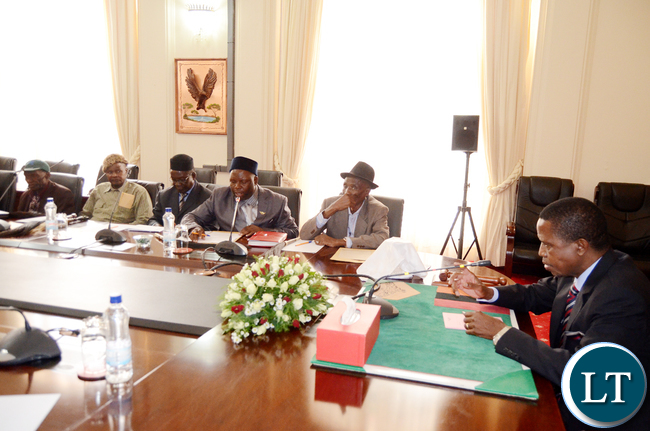President Lungu during a meeting with Chiefs from Central Province at State House on Tuesday,May 2,2017 -Picture by THOMAS NSAMA
