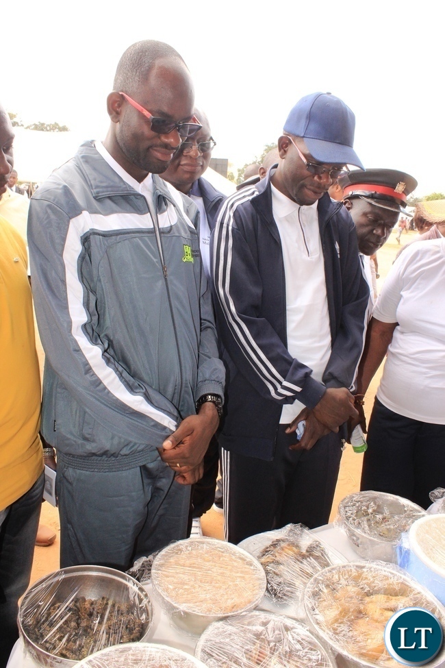 Copperbelt Province Permanent Secretary, Elias Kamanga, and Kitwe District Commissioner, Binwell Mpundu, admire some of the healthy foods that were displayed by the Ministry of Health and the Ministry of Agricultrure during the launch of the National Health Week at Wusakile Ground in Kitwe