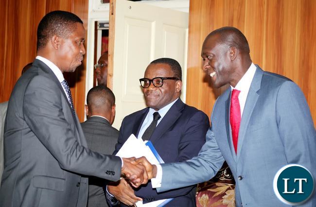 President Lungu greets World Bank Vice-President Africa Diop Makhtar (R) as World Bank Country Director Paul Um (C) looks on when they paid a courtesy call on the head of State at State House in Lusaka on Friday, May 19,2017 -Picture by THOMAS NSAMA President Lungu greets World Bank Vice-President Africa Diop Makhtar (R) as World Bank Country Director Paul Um (C) looks on when they paid a courtesy call on the head of State at State House in Lusaka on Friday, May 19,2017 -Picture by THOMAS NSAMA