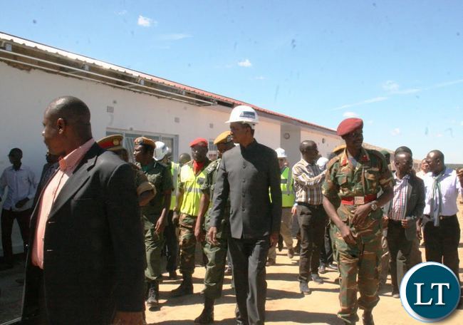 PRESIDENT Edgar Lungu inspecting construction of new houses on arrival at KARA Barracks in Kawambwa where Government is constructing 995 Housing units for the 48 Marine Commandos. PRESIDENT Edgar Lungu inspecting construction of new houses on arrival at KARA Barracks in Kawambwa where Government is constructing 995 Housing units for the 48 Marine Commandos.