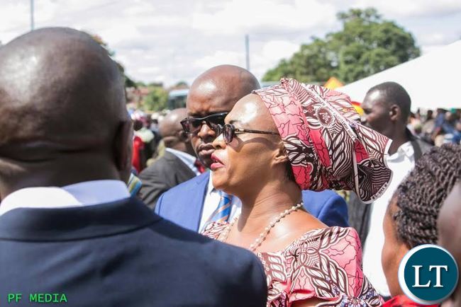 PF Deputy Secretary General Mrs Mumbi Phiri flanked by PF Director for Media Sunday Chanda addressing the media after Labour Day Celebrations at Government Complex today, 1st May 2017. Photo Courtesy of PF Media Department.