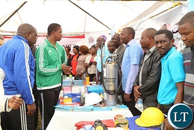 President Edgar Lungu flanked by Health Minister Dr.Chitalu Chilufya tours the selected stands during the official launch of the 2017 National Health Week at the Olympic Youth Development Centre