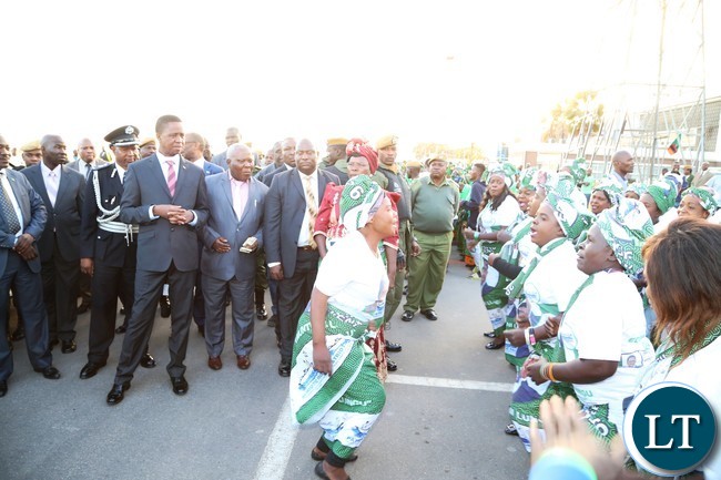 PF chair welcomes President Edgar Lungu shortly after his arrival from Lesotho at Kenneth Kaunda International Airport
