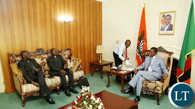 President Edgar Chagwa Lungu (right) during a meeting with Bishop Alick Banda (left) and Archbishop Telesphore Mpundu (centre) at State House on Tuesday,July 25,2017 .PICTURE BY SALIM HENRY/STATE HOUSE ©2017