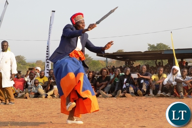 Chieftainess lukwesa performing the umutomboko dance during the umutomboko ceremony in mwansabombwe