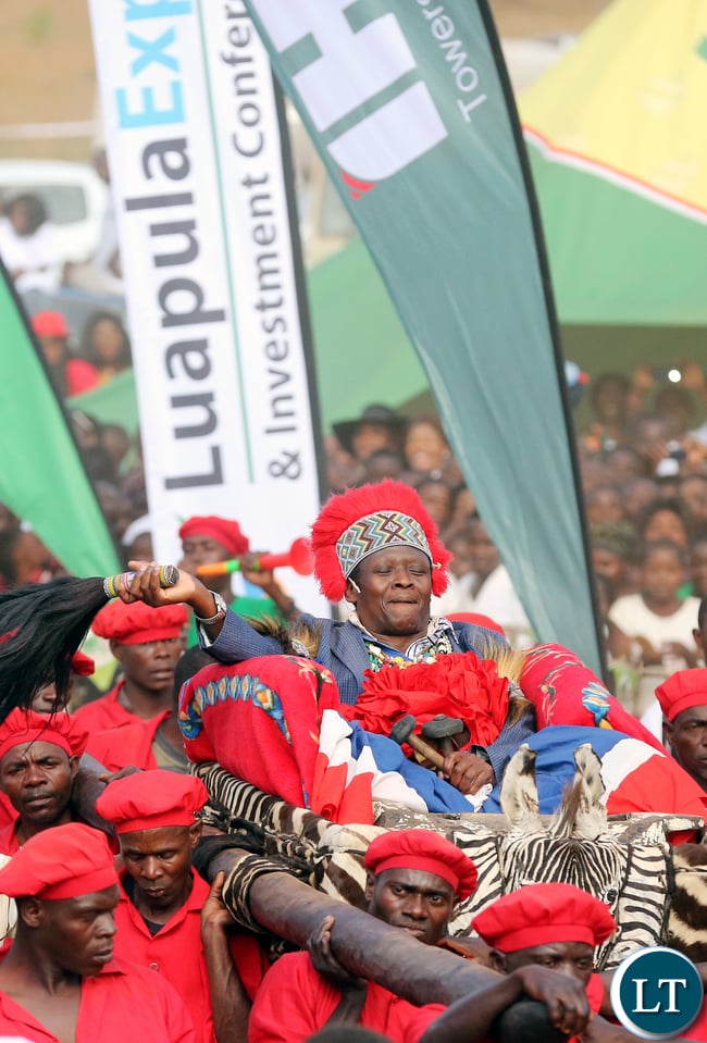 Mwata kazembe paul mpemba kanyembo being taken around the main arena during the umutomboko ceremony in mwansabombwe