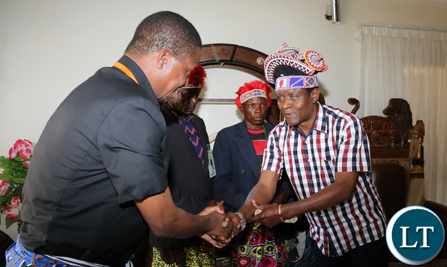 President Lungu being welcomed by Mwata Kazembe at his palace