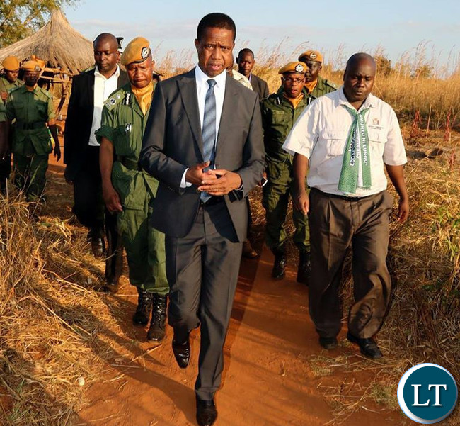 President Edgar Chagwa Lungu (centre) accompanied by Southern Province Minisrer Dr. Edify Hamukale takes a walk in Dundumwezi on Tuesday,July 11,2017. PICTURE BY SALIM HENRY/STATE HOUSE ©2017
