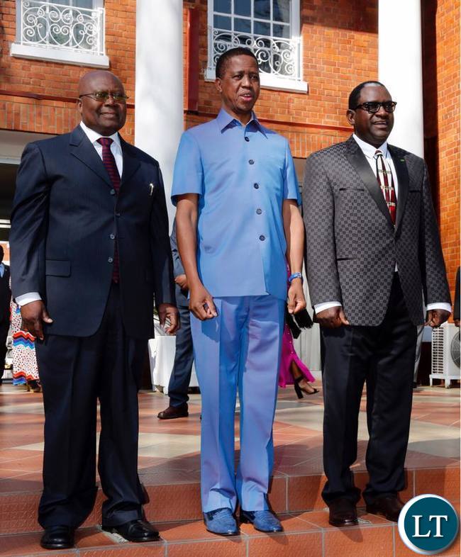 President Edgar Chagwa Lungu (centre) with Zambia's High Commissioner to Canada Felix Nicholas Mfula (left) and Zambia's Ambassador to the Republic of Korea Wylbur Chisiya Simuusa poses for a photo at State House after their swearing in ceremony on Thursday, August 3,2017. PICTURE BY SALIM HENRY/STATE HOUSE ©2017 President Edgar Chagwa Lungu (centre) with Zambia's High Commissioner to Canada Felix Nicholas Mfula (left) and Zambia's Ambassador to the Republic of Korea Wylbur Chisiya Simuusa poses for a photo at State House after their swearing in ceremony on Thursday, August 3,2017. PICTURE BY SALIM HENRY/STATE HOUSE ©2017