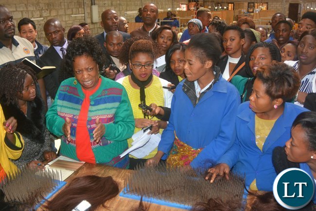 Minister of Labour Joyce Nonde talks to Eve’s Hair Production workers during the inspection of the Eve ’S factory in Lusaka yesterday, Picture by Josephine Nsululu/Zanis. Minister of Labour Joyce Nonde talks to Eve’s Hair Production workers during the inspection of the Eve ’S factory in Lusaka yesterday, Picture by Josephine Nsululu/Zanis.