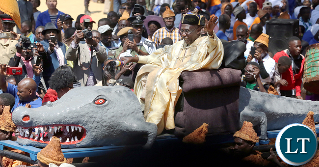 Mwine Lubemba Chitimukulu Kanyanta Manga 11 arrive at the arena to start the Annual Ukusefya pa Ngwena Traditional Ceremony