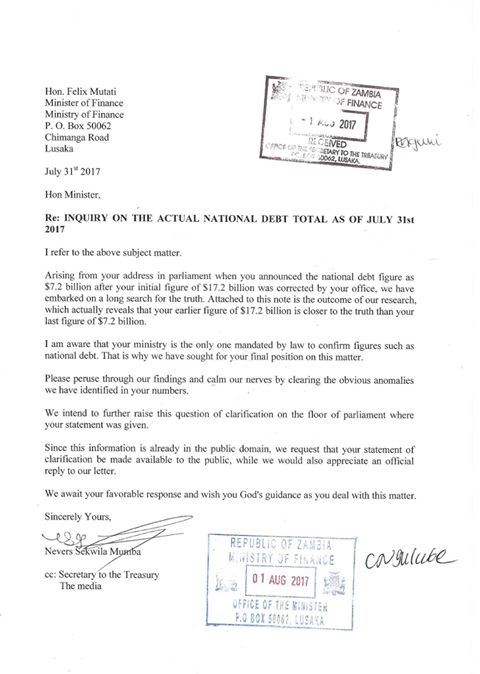 Nevers Mumba's Letter to Finance Minister Mutati