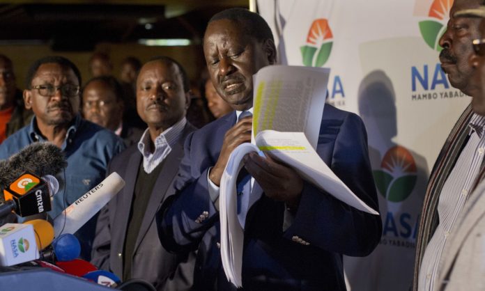 Raila Odinga, the National Super Alliance coalition leader, told a press conference that projections from his own team showed he was ‘far ahead’. Photograph: Jerome Delay/AP