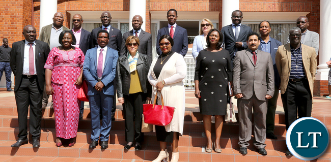 President Edgar Lungu with IFAD President Mr Gilbert Houngbo and Ms Janet Rogan UN Resident Coordinator and the Delegation pose at State house 1066 President Edgar Lungu with IFAD President Mr Gilbert Houngbo and Ms Janet Rogan UN Resident Coordinator and the Delegation pose at State house