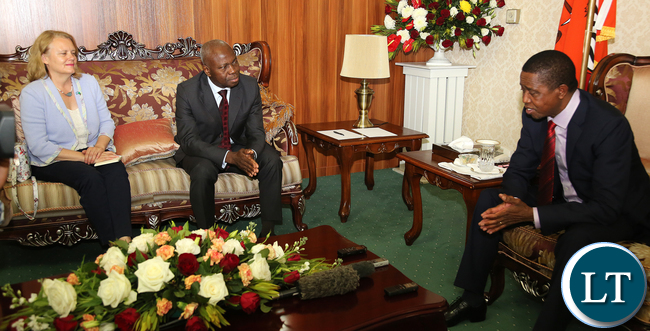 President Edgar Lungu with IFAD President Mr Gilbert Houngbo and Ms Janet Rogan UN Resident Coordinator at State house