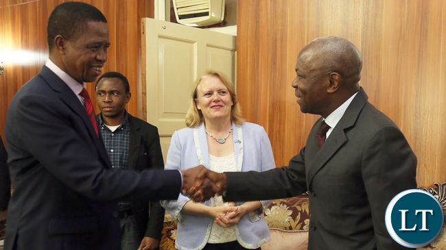 President Edgar Lungu with IFAD President Mr Gilbert Houngbo and Ms Janet Rogan UN Resident Coordinator at State house