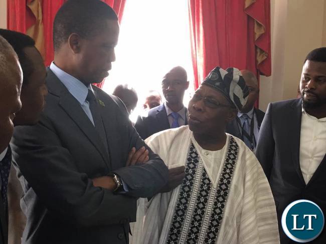 President Edgar Lungu with former Nigerian President Olusegun Obasanjo at State House