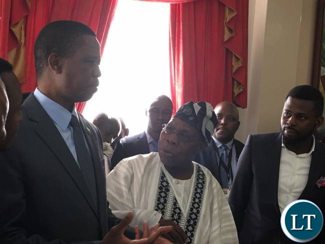 President Edgar Lungu with former Nigerian President Olusegun Obasanjo at State House