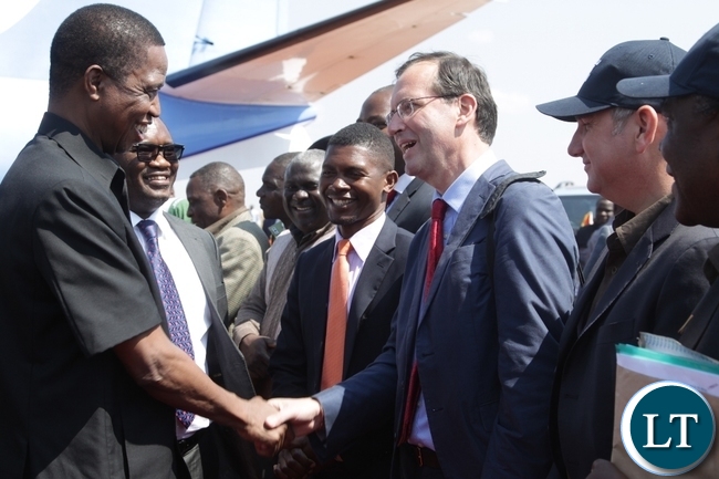 President Edgar Lungu is welcomed by British High commissioner, Fergus Cohrne Dyet at Kasama airport for the official launch of Block 31 Oil and Gas exploration by Tullow Zambia limited. . President Edgar Lungu is welcomed by British High commissioner, Fergus Cohrne Dyet at Kasama airport for the official launch of Block 31 Oil and Gas exploration by Tullow Zambia limited. .
