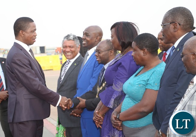 President Edgar Lungu being welcomed by Lusaka Province mayor Wilson Kalumba shortly after his arrival from United Nations (USA) Annual General Meeting Assembly at Kenneth Kaunda International Airport