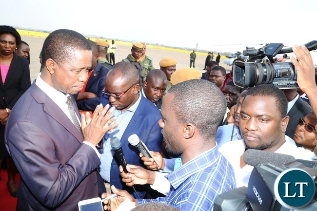 President Edgar Lungu speaking to Journalists shortly after his arrival from United Nations (USA) Annual General Meeting Assembly at Kenneth Kaunda International Airport