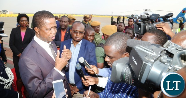President Edgar Lungu speaking to Journalists shortly after his arrival from United Nations (USA) Annual General Meeting Assembly at Kenneth Kaunda International Airport