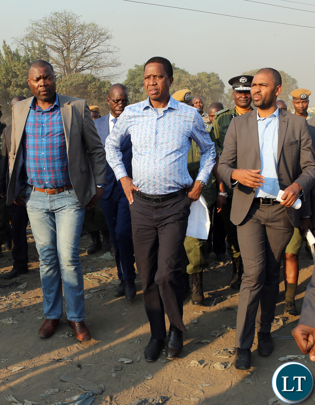 President Edgar Lungu with Copperbelt Minister Bowman Lusambo and Local Government Minister Vincent Mwale at Kapalala Burned Market In Ndola Masala Area 8720