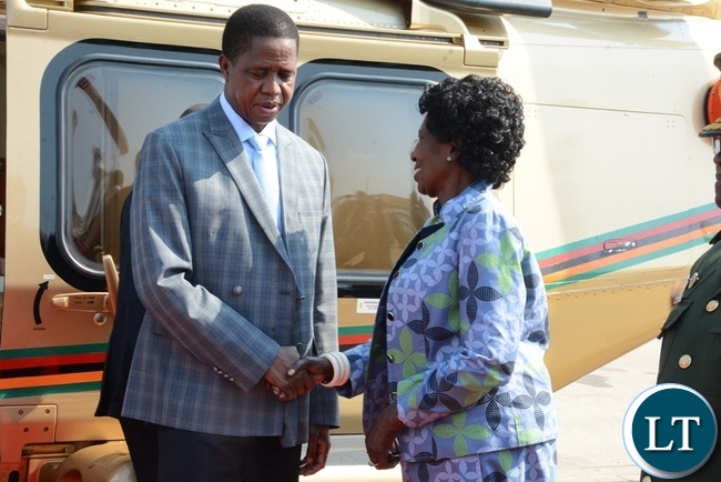 President Edgar Lungu is being seen off by vice-President,Inonge Wina at Kenneth Kaunda International Airport before departing for Angola.