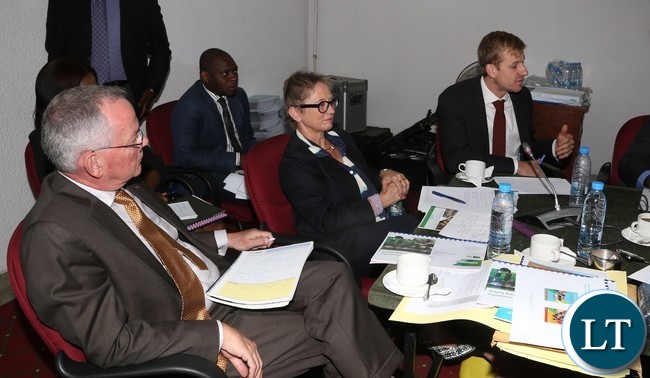 (From left to right) Dr. William Janssen Lead Agriculture Economist World Bank (r), Dr. Gregory Smith Senior Economist World Bank (l) and Ina Ruthenberg is the world Bank Country Manager- Zambia (c) during World Bank Zambia appearing before Parliamentary Accounts Committee at Parliament