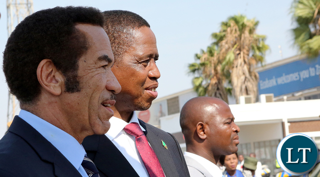 President Edgar Chagwa Lungu with President of Botswana, Lt. Gen. Seretse Khama Ian Khama, at KK international airport in Lusaka arrival ceremony , T??he Botswana leader is in Lusaka for 53Zambia Independence anniversary Celebrations Pictures by Eddie Mwanaleza /State house24-102-17