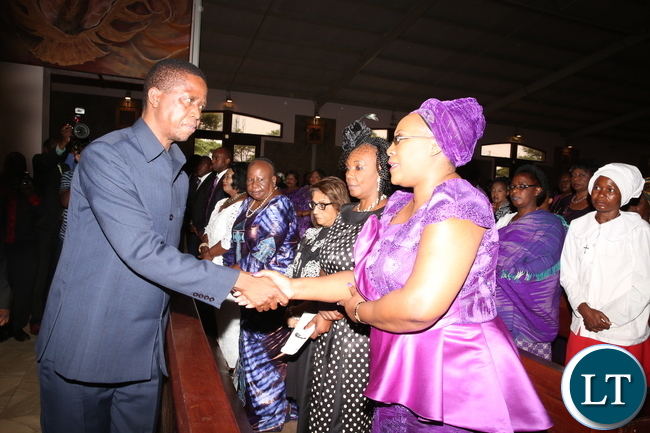President Lungu greets former First Lady Dr Christine Kaseba- Sata during the memorial service of late President Michael Sata at Catholic Cathedral of the Child Jesus in Lusaka on Saturday,October 28,2017-Picture by THOMAS NSAMA