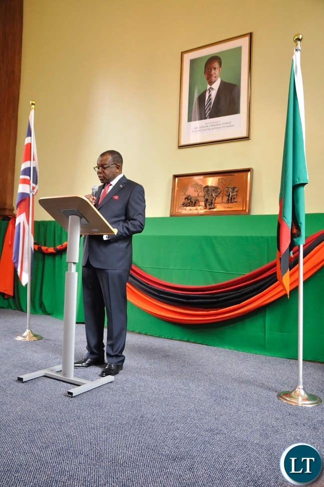 His Excellency Mr.Muyeba Chikonde speaking during Zambia's 53rd Independence Celebrations at Zambia House in London His Excellency Mr.Muyeba Chikonde speaking during Zambia's 53rd Independence Celebrations at Zambia House in London
