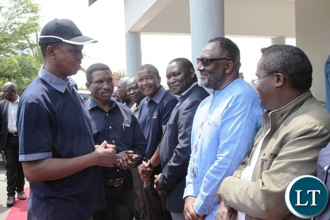 President Edgar Lungu talks to Aquaculture Development Association of Zambia chairperson Fisho Mwale before the launch of Zambia aquaculture Enterprise Development Project in Lilayi