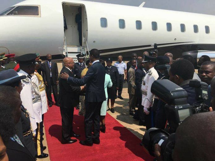 President Lungu welcoming President Zuma at KKIA this morning