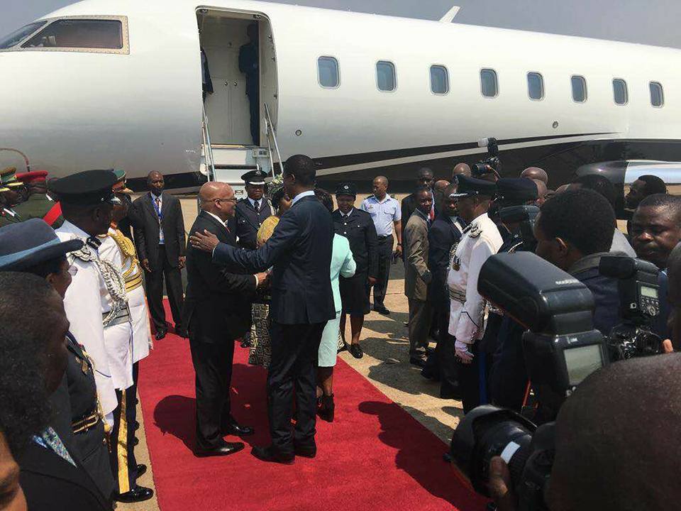 President Lungu welcoming President Zuma at KKIA this morning