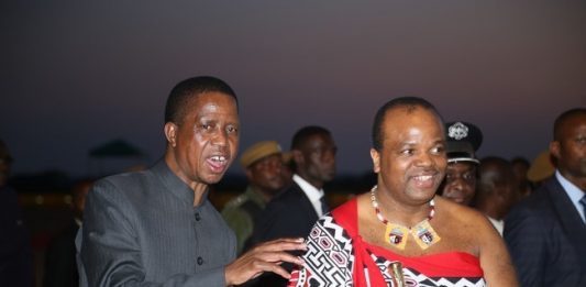 President Edgar Lungu having a light moment with King Muswati III shorty on his arrival at Kenneth Kaunda International Airport yesterday 04-11-2017. Picture by ROYD SIBAJENE/ZANIS