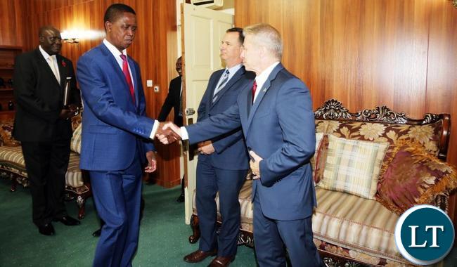 President Edgar Lungu meets America's outgoing Ambassador to Zambia Eric Schultz when he paid a courtesy call on him at State House today, Pictures By Eddie Mwanaleza/State house 13-11-2017.