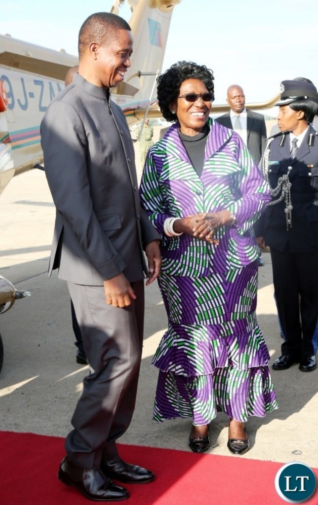 President Edgar Chagwa Lungu shares a light moment with the Vice-President Mrs Inonge Wina at Kenneth Kaunda International airport before he left for Cairo, Egypt for a three day working visit at the invitation of his Egyptian counterpart Abdel Fattah El-Sisi. Picture by Eddie Mwanaleza/State house 14-11-2017.