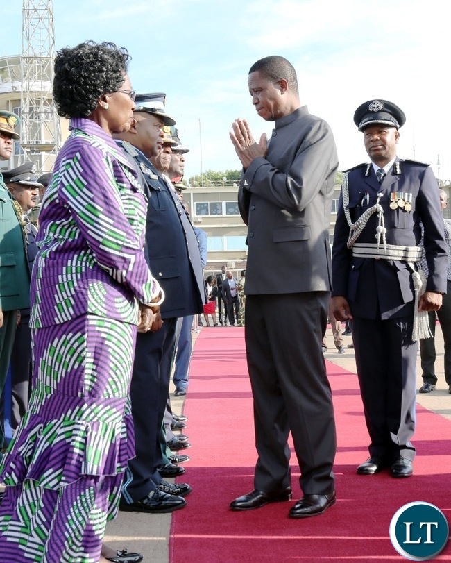 President Edgar Chagwa Lungu shares a light moment with the Vice-President Mrs Inonge Wina at Kenneth Kaunda International airport before he left for Cairo, Egypt for a three day working visit at the invitation of his Egyptian counterpart Abdel Fattah El-Sisi. Picture by Eddie Mwanaleza/State house 14-11-2017.