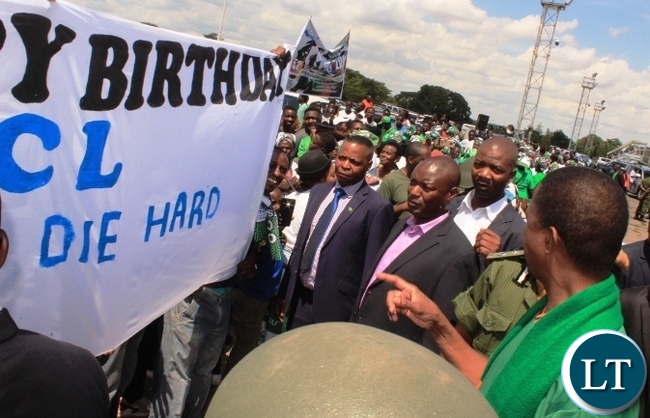 President Edgar Lungu admires a banner displayed by some PF members to wish him a happy birthday when he arrived at Simon Mwansa Kapwepwe Airport in Ndola on Saturday. Picture by TISA BANDA NKHOMA/ZANIS