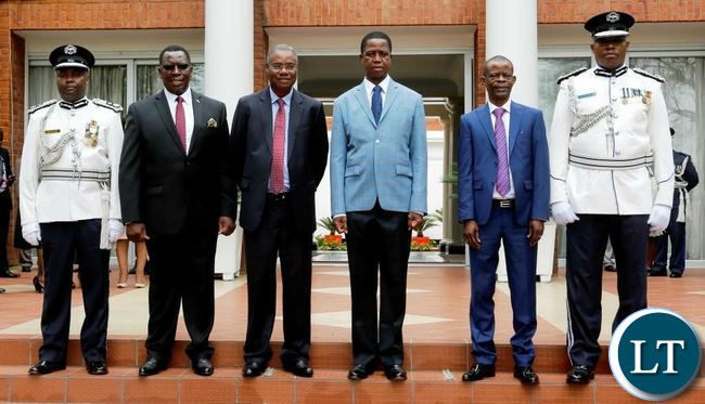 Central Province Commissioner of Police Joel Njase, Chief of Protocol Ministry of Foreign Affairs Ambassador Brig.Gen. John Albert Bulawayo, Zambia's Ambassador to Zimbabwe Emmanuel Tawana Chenda (MCC),President Edgar Chagwa Lungu,Zambia's Ambassador Extraordinary and Plenipoteniary to Italy Dr. Joseph Katema (MCC) and Muchinga Province Commissioner of Police Chola Katanga after the swearing-in-ceremony at State House in Lusaka on Thursday,November 30,2017. SALIM HENRY/STATE HOUSE ©2017 Central Province Commissioner of Police Joel Njase, Chief of Protocol Ministry of Foreign Affairs Ambassador Brig.Gen. John Albert Bulawayo, Zambia's Ambassador to Zimbabwe Emmanuel Tawana Chenda (MCC),President Edgar Chagwa Lungu,Zambia's Ambassador Extraordinary and Plenipoteniary to Italy Dr. Joseph Katema (MCC) and Muchinga Province Commissioner of Police Chola Katanga after the swearing-in-ceremony at State House in Lusaka on Thursday,November 30,2017. SALIM HENRY/STATE HOUSE ©2017