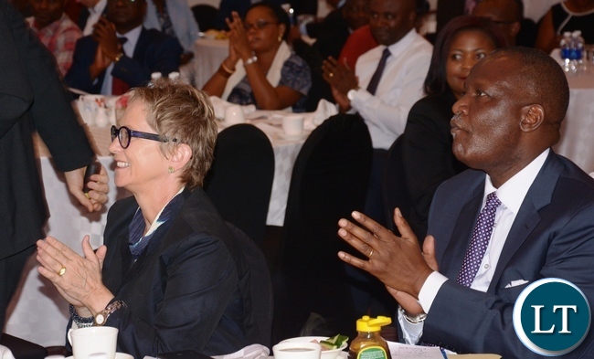 World Bank Country Manager Ina Ruthenberg and Minister of Finance Felix Mutati follow the proceedings during the World Bank Launch of the tenth of Zambia Economic Brief at Pamondzi Hotel