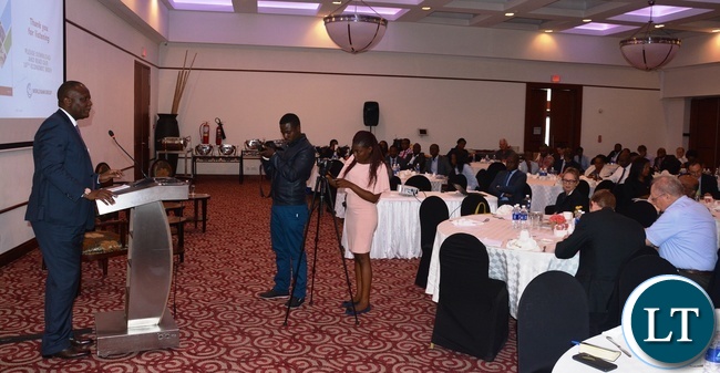 Minister of Finance Felix Mutati delivers his speech at the World Bank Launch of the tenth of Zambia Economic Brief at Pamondzi Hotel