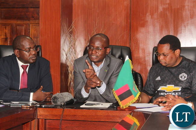 Local government and Housing Minister Vincent Mwale, Health Minister Chitalu Chilufya, President Special assistant Amos Chanda , Water and Energy ministry PS Bishop Edward Chomba and Health Minister PS -administration Dr Kennedy Malama during a joint press conference at the Ndeke House boardroom